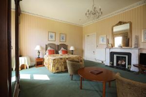 加拉希尔斯Kingsknowes Hotel的酒店客房配有一张床和一个壁炉。