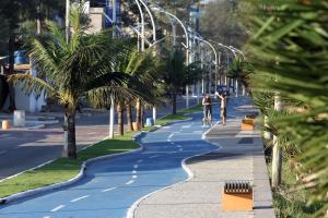 马卡埃皇家马卡埃皇宫酒店 的骑着自行车沿着棕榈树的街道骑行的人