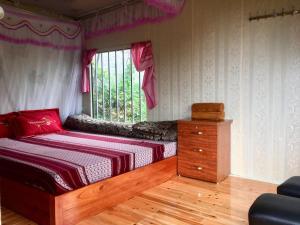 萨帕Ta Van Heaven Homestay的一间卧室配有带梳妆台和窗户的床。