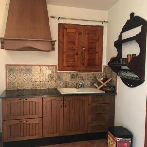 潘潘埃拉Casita Paloma的一个带木制橱柜和水槽的厨房