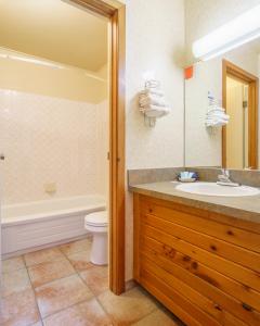 萨斯喀彻温河渡口可若酒店的一间带水槽、浴缸和卫生间的浴室