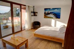 皮奇勒姆Ruka Lobos的一间卧室配有一张床、一张桌子和一个窗户。