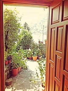 切佩洛沃格里斯旅馆的通往种植了盆栽植物的花园的门