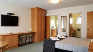 基督城阿尔顿酒店的一间卧室配有一张床、一张书桌和一台电视