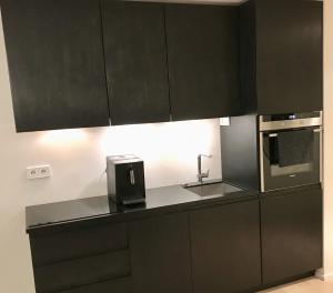 派尔努City View Apartment, free parking的厨房配有黑色橱柜和水槽
