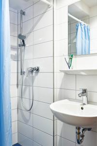 美因河畔法兰克福加戈黑保法兰克福-豪斯德加根德酒店的带淋浴和盥洗盆的白色浴室