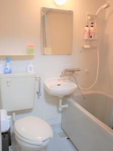 座间味村Yenn's Marina Inn Zamami Condominium的浴室配有卫生间、盥洗盆和淋浴。