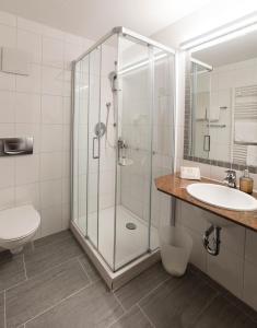 塞布鲁克瓦赛曼希酒店的带淋浴、盥洗盆和卫生间的浴室