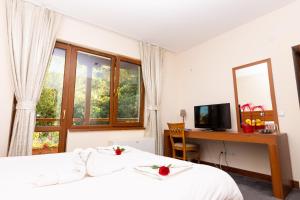 Kolarovo圣内德亚酒店的一间卧室配有两张床、一张桌子和一台电视。
