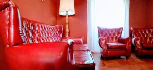 Casiellas拉斯格尔德里纳斯公寓的客厅配有红色皮革家具和灯具