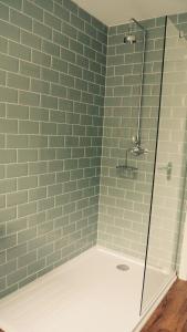 普尔赫利Rooms at Martha Jones的浴室设有蓝色瓷砖淋浴。