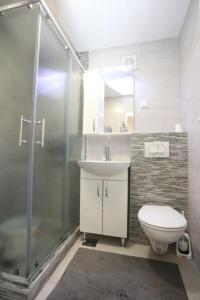 萨拉热窝Seher的带淋浴、卫生间和盥洗盆的浴室