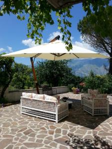 Torricella PelignaAgriturismo Persichitti的庭院里的白色遮阳伞和椅子