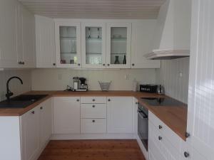 斯屈勒斯塔穆湖边别墅的白色的厨房配有白色橱柜和水槽