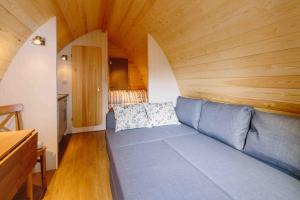 切尔滕纳姆Campion Glamping Pod的客厅配有沙发,房间设有木制天花板