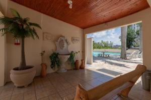 伊瓜苏伊瓜苏公寓的一间拥有棕榈树和游泳池的客厅