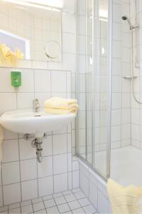 弗莱堡卡里塔斯会展中心酒店 的白色的浴室设有水槽和淋浴。