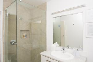 玛拉豪Abel Tasman Lodge的一间带玻璃淋浴间和水槽的浴室