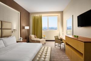 哈伊勒哈伊勒千禧国际酒店的配有一张床和一张书桌的酒店客房
