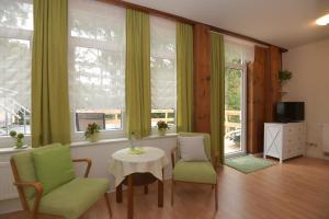 萨尔堡Parkhotel Ebersdorf的客厅配有桌椅和窗户。