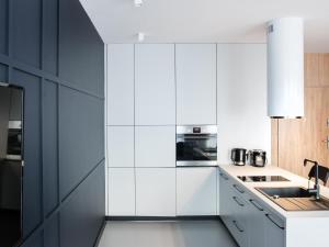 科沙林Ataner Apartamenty的厨房配有白色橱柜和黑色冰箱。
