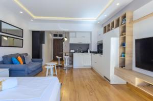 贝尔格莱德Sava Smart Apartment的一间带蓝色沙发的客厅和一间厨房