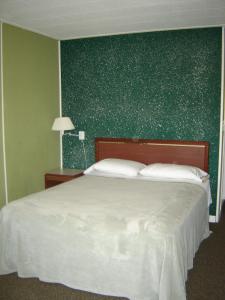 亚基马巴厘海汽车旅馆的一间卧室设有一张大床和绿色的墙壁