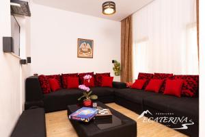 贝尔扎斯卡埃卡特里纳旅馆的客厅配有黑色沙发和红色枕头