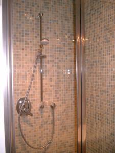 皮尔纳Haus Ferienromantik的浴室铺有棕色瓷砖,设有淋浴。