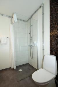 厄斯特松德艾玛酒店的一间带卫生间和玻璃淋浴间的浴室