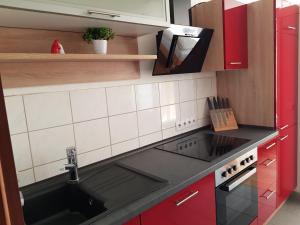 汉诺威LANE City Laatzen的厨房配有黑色水槽和红色橱柜
