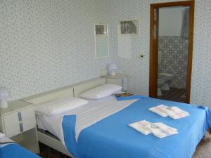 帕埃斯图姆拜亚德尔索尔酒店的一间卧室配有蓝色的床和镜子