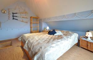 加茨比亚格拉Apartament Lisi Jar的一间卧室设有一张床和蓝色的墙壁