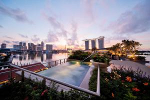 新加坡The Fullerton Bay Hotel Singapore的游泳池位于河边的建筑物顶部