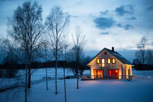 VahtseliinaVasekoja Holiday Center的雪中灯火通明的小房子
