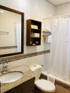 耶路撒冷Gloria Hotel的一间带卫生间、水槽和镜子的浴室