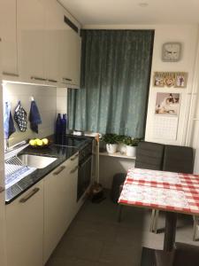 苏黎世Homestay Zürich HB Room的厨房配有桌子、水槽和桌子,厨房配有