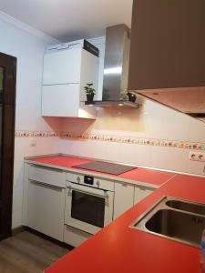 特吉塞Suite Bucica的厨房配有红色台面和水槽