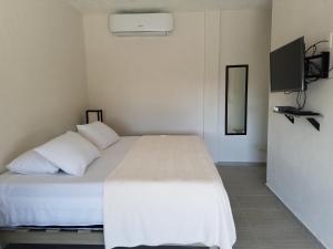 普拉亚卡门Casa Kay的一间卧室配有一张带白色床单的床和电视。