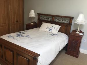 OldleighlinCarey's Bar & Farmhouse Kilkenny Border的一间卧室配有一张带蓝色鲜花的大床