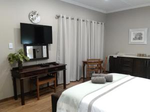 彼得马里茨堡Welcome Home Cottages的一间卧室配有一张床、一张书桌和一台电视