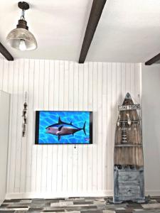 阿德耶Village Island Heights的墙上挂着电视,上面有鲨鱼