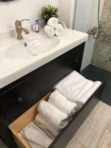 阿德耶Village Island Heights的一间带水槽和抽屉毛巾的浴室