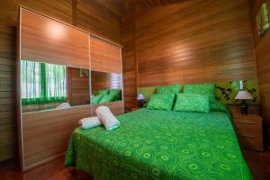 特鲁埃尔Casa El Mirador的一间卧室配有绿色的床和镜子