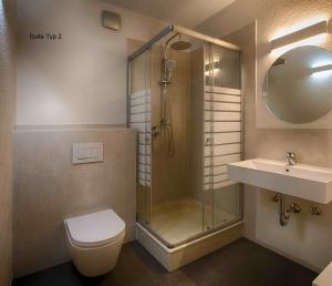 普吕姆Hofgut Held的带淋浴、卫生间和盥洗盆的浴室