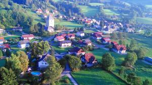 SchöderFerienhaus-Bungalow Heidi的享有山脉小村庄的空中景致