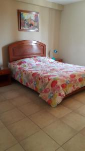 皮斯科Hostal La Casona的一间卧室配有一张带花卉棉被的床