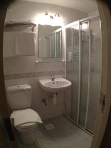 新加坡Perak Hotel的浴室配有卫生间、盥洗盆和淋浴。