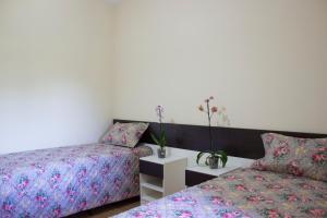 阿瓜斯达普拉塔Pousada Rural Águas da Prata的一间卧室配有两张床和一张鲜花桌