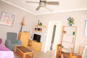 迈阿密普拉特亚Apartamento playa BLUE的客厅配有吊扇和电视。